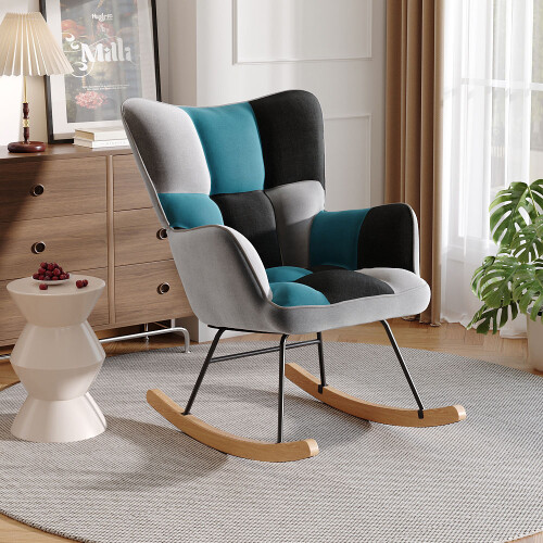Living And Home Black-Gray-Blue Patchwork Rocking Chair - Linen Upholstery, Solid Rubberwood Rocker Legs
