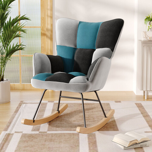 Living And Home Black-Gray-Blue Patchwork Rocking Chair - Linen Upholstery, Solid Rubberwood Rocker Legs 1