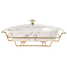 Porcelain Casserole Baking Dish With Glass Lid And Rack, 1200 ML Capacity, Serving Soup Tureen For Buffet And Catering