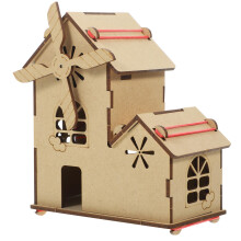 One Set Solar Power Windmill House Model Unfinished Wooden Decor