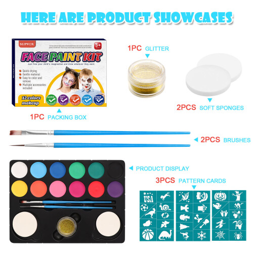 12 Kit Trucco Facciale Bambini Con Glitter Stencil Spugne