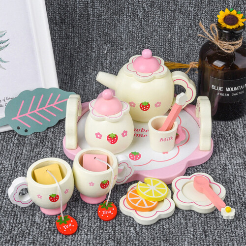 Set Giocattoli Bambini Servizio Da Tè In Legno Rosa Con 2