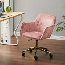 Dusty Pink Ice Flake Velvet Swivel Task Chair - Adjustable Height, Gold 5-Star Base with Nylon Casters, Flared Arms