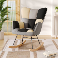 Black-Gray-Beige Patchwork Rocking Chair - Linen & Lamb Wool Upholstery, Solid Rubberwood Rocker Legs