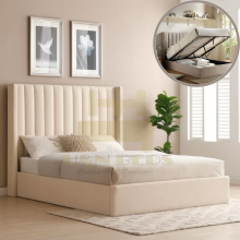 (Cream (without Mattress), 4ft6" Double (With Gas Lift)) Luxury Winged Velvet Ottoman Bed Frame 54" Headboard Gas Lift Storage Mattress