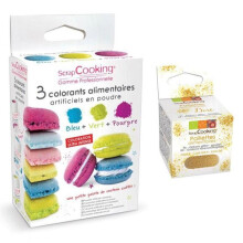 3 Lebensmittel-Farbstoffe blau, grün, purpur + goldene Glitzer