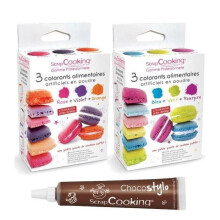 6 corantes alimentares em pó laranja, violeta, rosa, azul, verde, púrpura + 1 caneta de chocolate