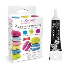 3 coloranti alimentari blu, verde, porpora + penna per glassa nera