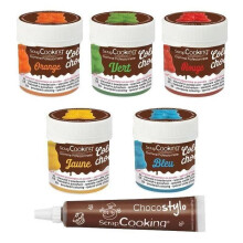 5 coloranti alimentari liposolubili blu-giallo-rosso-verde-arancio + 1 penna cioccolato