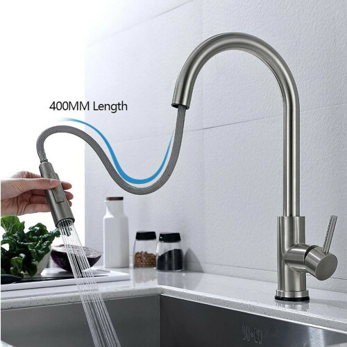 Matte Black Kitchen Faucet, Deck Mounted with Solid Brass Construction, Pull Out Mixer for Hot and Cold Water, Dual Action Spray Setting for Stream an 1