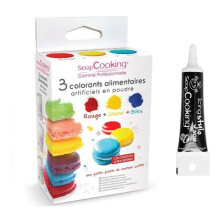 3 gelbe-rote-blaue Pulverlebensmittelfarben + schwarzer Zuckergussstift
