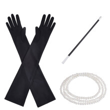 1920S Costume Accessories Pearl Necklace Black Gloves Cigarette Holder