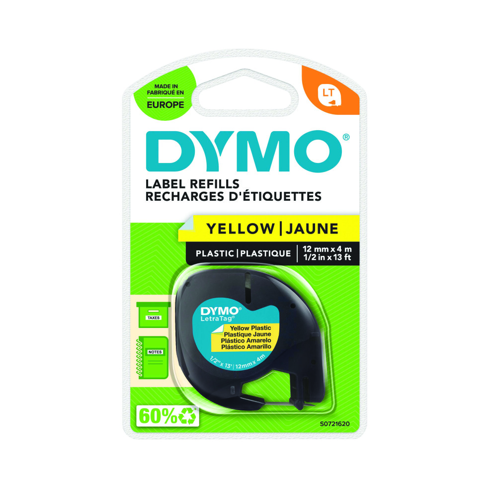Dymo 91202 LetraTag Plastic Tape 12mm x 4m Yellow
