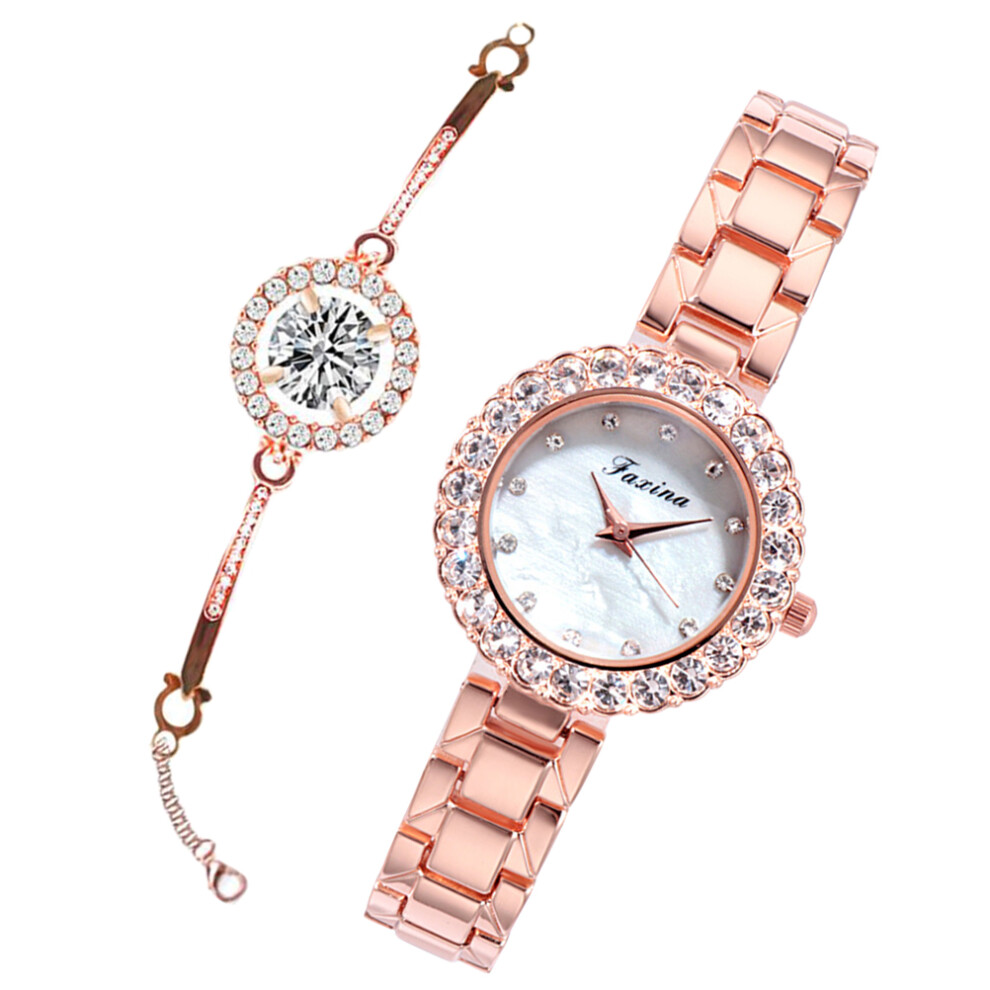 Photos - Wrist Watch 2Pcs Rose Gold Women's Chain Watch Rhinestone Analog Bracelet Stylish
