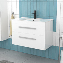 Nes Home 800mm White Wall Hung 2 Drawers Slim Basin Vanity Unit