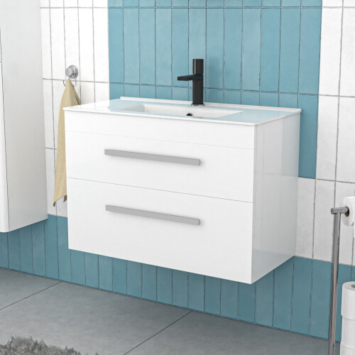 NES Home Nes Home 800mm White Wall Hung 2 Drawers Slim Basin Vanity Unit