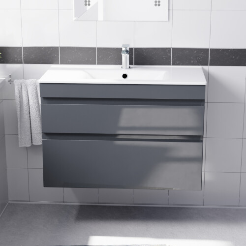 NES Home Nes Home 800mm Dark Grey Wall Hung 2 Drawers Handleless Slim Basin Vanity Unit 1