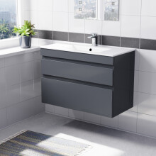 Nes Home 800mm Dark Grey Wall Hung 2 Drawers Handleless Slim Basin Vanity Unit
