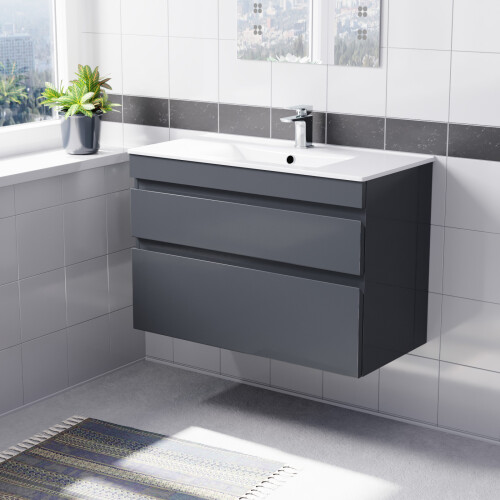 NES Home Nes Home 800mm Dark Grey Wall Hung 2 Drawers Handleless Slim Basin Vanity Unit