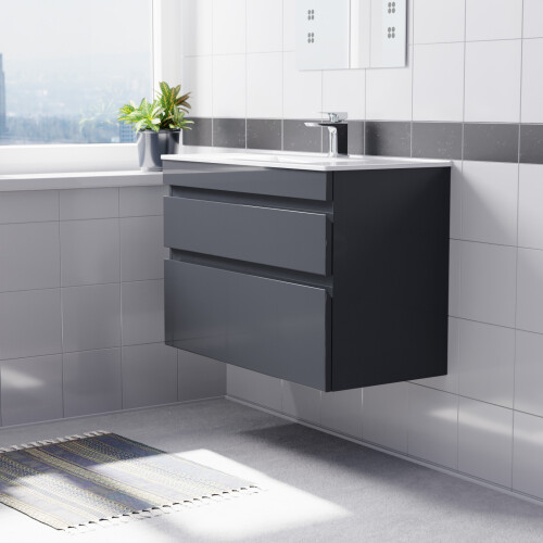 NES Home Nes Home 800mm Dark Grey Wall Hung 2 Drawers Handleless Slim Basin Vanity Unit 2