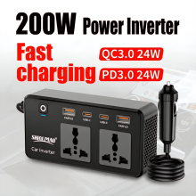 200W car power inverter, 12V to 110V with power socket and fast charging.