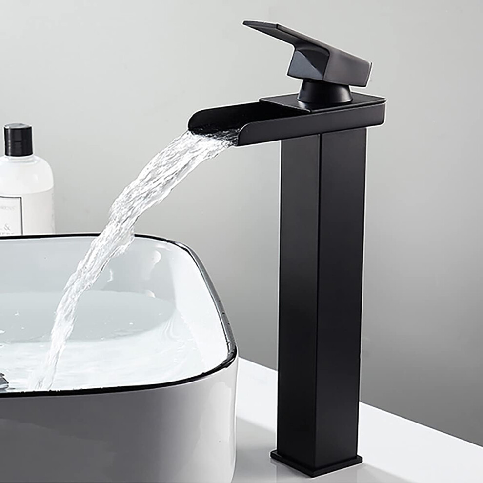 Waterfall Bathroom Faucet With Matte Black Coating, Single Handle Tall Vessel Sink Faucet For Countertop Basin, Drip-Free Valve With Ceramic Disc Cart 9060116635849