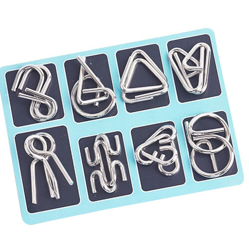 8Pcs Silver Brain Puzzle Set Metal Iq Ring for Challenging Mind Games
