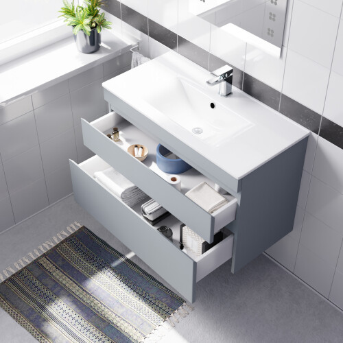 NES Home Nes Home 800mm Matte Grey Wall Hung 2 Drawers Handleless Slim Basin Vanity Unit 1
