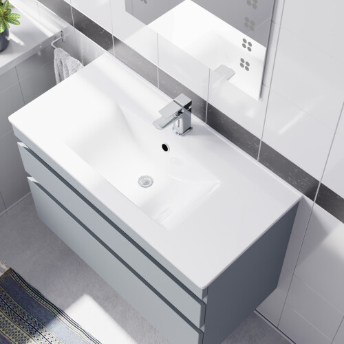 NES Home Nes Home 800mm Matte Grey Wall Hung 2 Drawers Handleless Slim Basin Vanity Unit 2