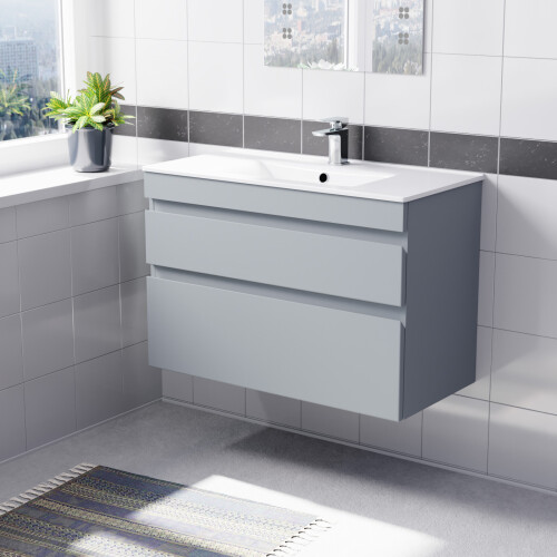 NES Home Nes Home 800mm Matte Grey Wall Hung 2 Drawers Handleless Slim Basin Vanity Unit