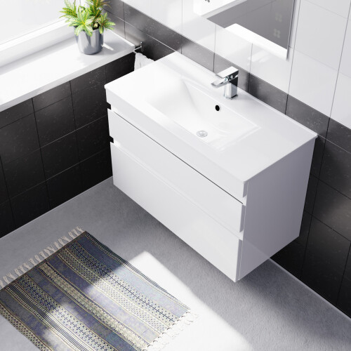 NES Home Nes Home 800mm White Wall Hung 2 Drawers Handleless Slim Basin Vanity Unit 2