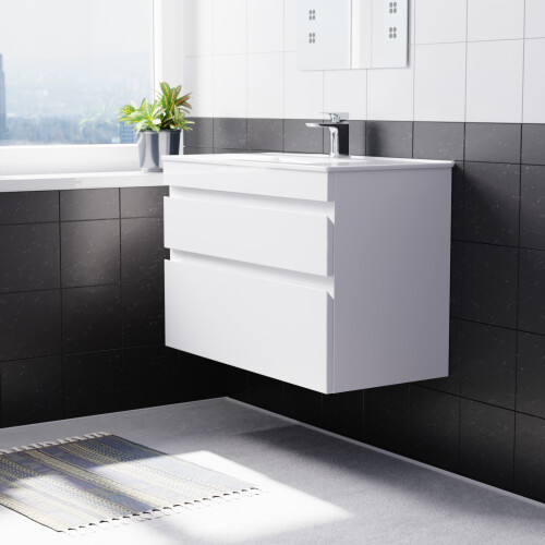 NES Home Nes Home 800mm White Wall Hung 2 Drawers Handleless Slim Basin Vanity Unit 1
