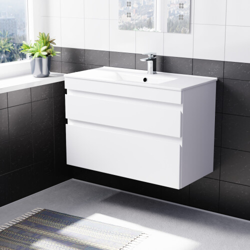 NES Home Nes Home 800mm White Wall Hung 2 Drawers Handleless Slim Basin Vanity Unit