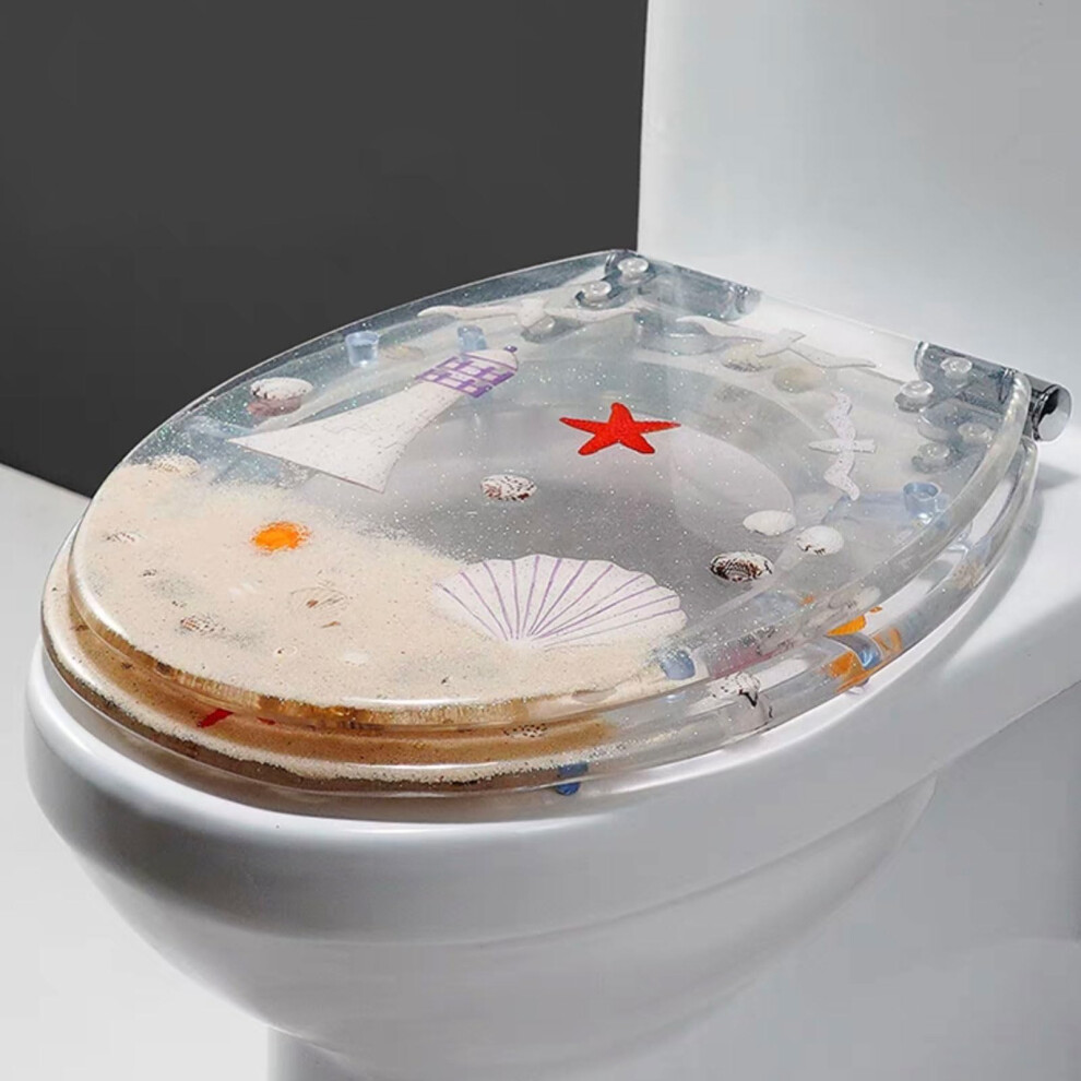 Resin Toilet Seat Transparent Silent Thickened Shock Absorption 42 X 36 Cm Ocean Beach Pattern Slow Down Quick Release 9105992606863