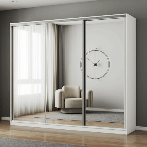 (250cm, White) FHI-DUBAI Mirrored Sliding Door Wardrobe