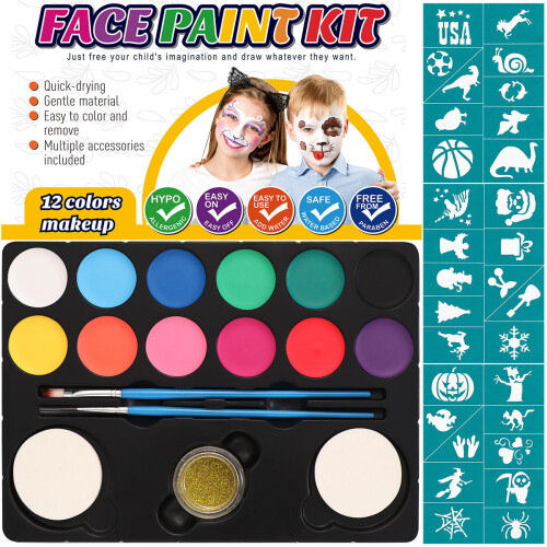 12 Farben Gesichtsbemalung Set Mit Glitzer Und Schablonen 1