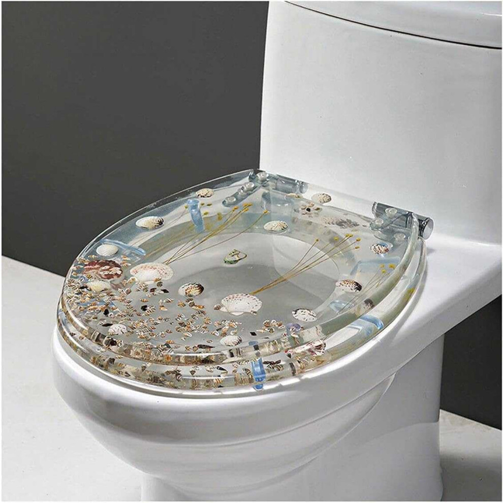 Ocean Series Art Slow Close Resin Toilet Seat With Cover, 3D Real Seashells Inlay, Heavyduty, U/V/Otype Compatible 9067246141653