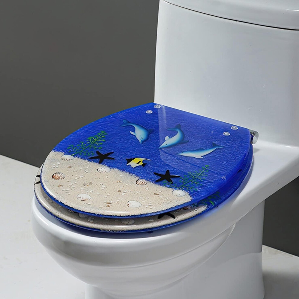 Resin Toilet Seat Quiet Slow Close Lid, Heavyduty Comfort Seahorse Seashells Design, Fits Oval And Round 9339159548936