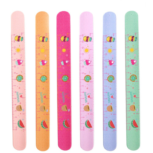 6 pulseiras silicone com desenhos e régua, macias para crianças