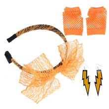 80S Lace Headband Neon Earrings Fingerless Fishnet Gloves Orange