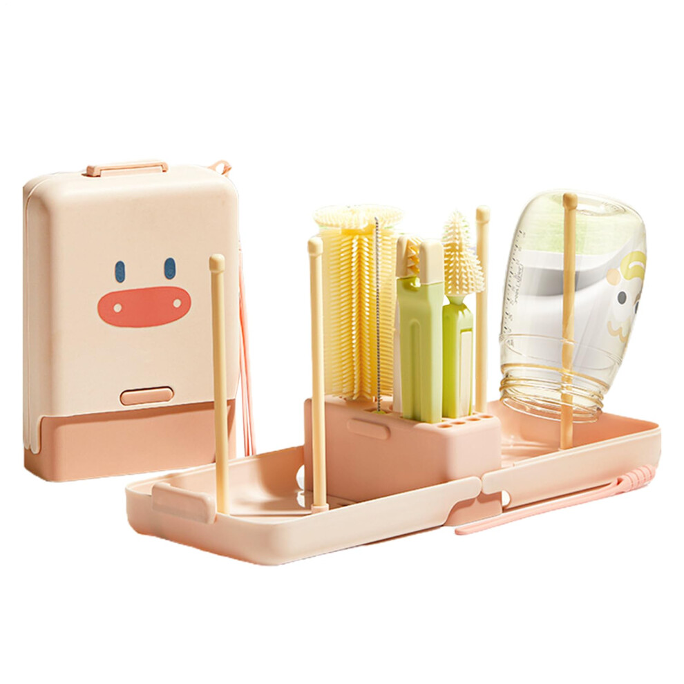 Bottle Cleaner Brush Set For Baby Bottles And Nipples, Dispenser Organizer Case, Cup Rim Silicone Drying Rack, Pink