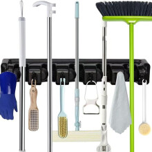 Broom Mop Holder Wall Mounted Heavy Duty Lock Up Storage Rack With 5 Slots And 6 Hooks Garage Kitchen Closet Bathroom