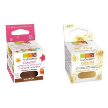 Natürlicher brauner Lebensmittelfarbstoff in Pulverform + goldene Glitzer
