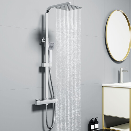 AICA Bathroom Mixer Shower Thermostatic Dual Head Square Rainfall Head Handset Chrome 1