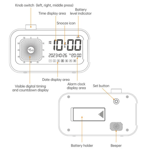 60-Min Count Up/Down Visual Timer with LCD Clock & Snooze, Blue/Pink/White 1