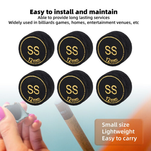 6pcs 12mm Black PU Pool Cue Tips Light Weight Replacement for Billiard Games 2