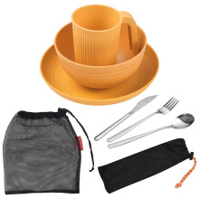 Bärbart campingredskapsset med vetehalmskål och bestick, 336 g