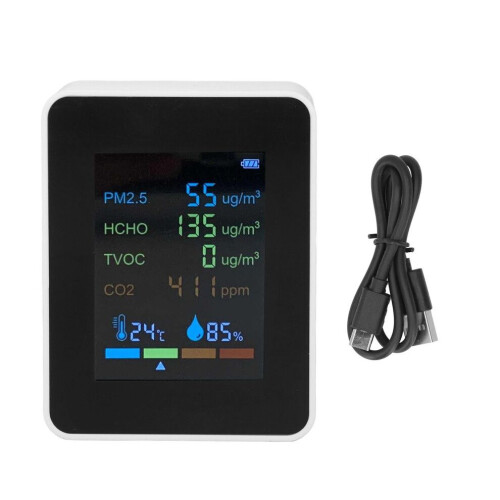 Compacte 6-in-1 CO2- en luchtkwaliteitsmonitor met kleurenscherm en USB-aansluiting (wit) 1