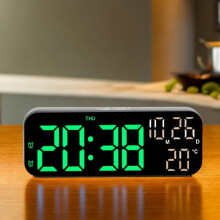 Reloj despertador digital con control de voz y pantalla dual, 17,5 cm, color negro y verde