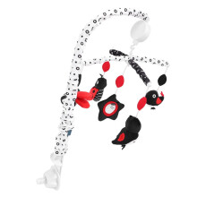 Móvil para cuna con caja de música, peluche de animal en negro y rojo de alto contraste.